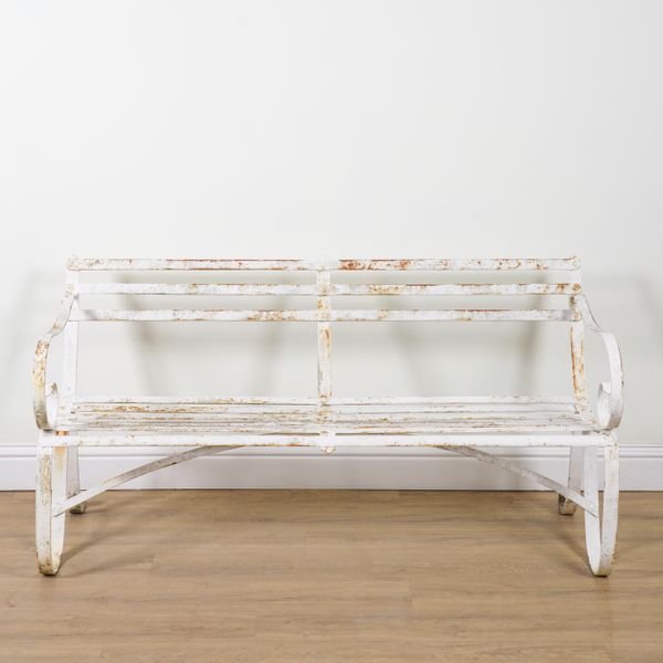 A 19TH CENTURY WHITE PAINTED STRAP IRON GARDEN BENCH