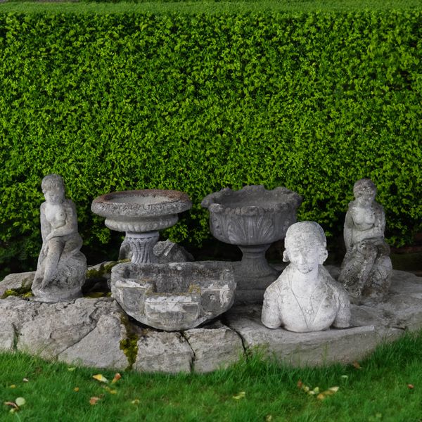 A QUANTITY OF RECONSTITUTED STONE GARDEN ORNAMENTS (6)