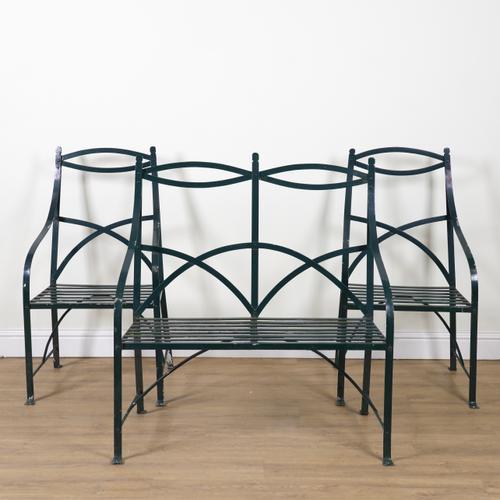A REGENCY STYLE GREEN PAINTED ALUMINIUM STRAP WORK GARDEN BENCH (3)