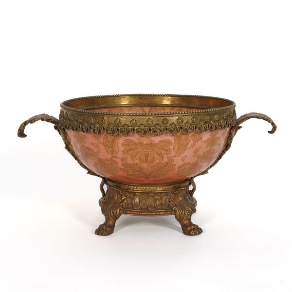 A GILT-METAL MOUNTED BLUSH PINK AND GILT PORCELAIN BOWL