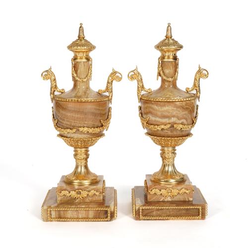 A PAIR OF LOUIS XVI STYLE GILT-METAL AND MARBLE URNS (2)