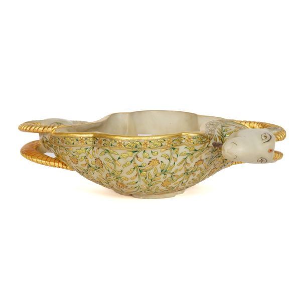 AN ALABASTER DOUBLE RAMS-HEAD SERVING DISH