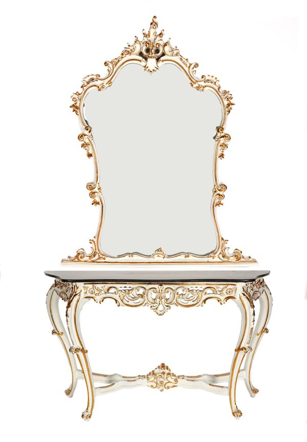 A CREAM PAINTED PARCEL GILT FAUX MARBLE TOPPED CONSOLE TABLE (2)