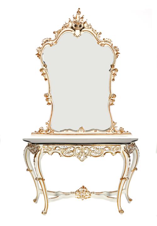 A CREAM PAINTED PARCEL GILT FAUX MARBLE TOPPED CONSOLE TABLE (2)