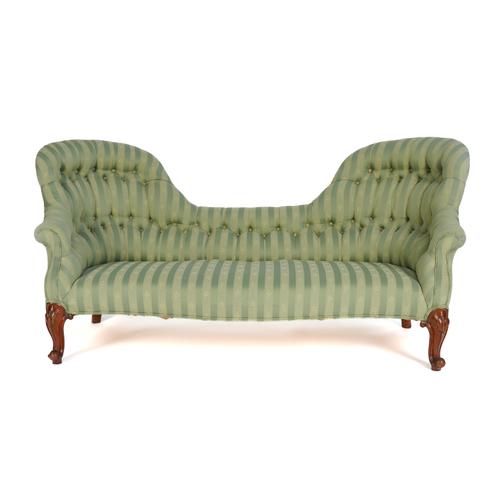 A VICTORIAN MAHOGANY FRAMED DOUBLE SPOON-BACK CHAISE LONGUE
