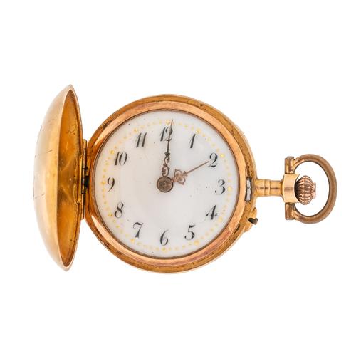 A LADY'S GOLD AND DIAMOND SET, KEYLESS WIND, HUNTING CASED FOB WATCH