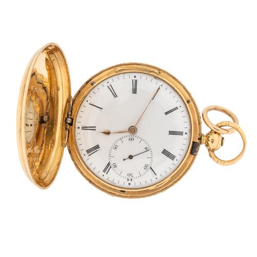 AN 18CT GOLD KEY WIND HUNTING CASED POCKET WATCH AND FOUR WATCH KEYS (5)