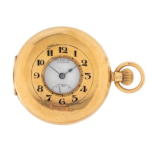 AN 18CT GOLD CASED KEYLESS WIND HALF HUNTING CASED GENTLEMAN'S POCKET WATCH