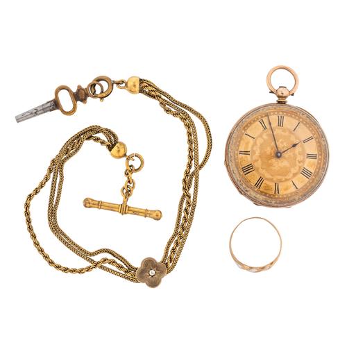 A GOLD CASED, KEY WIND, OPENFACED FOB WATCH AND TWO FURTHER ITEMS (3)