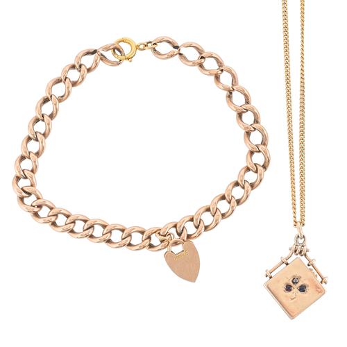 A GOLD CURB LINK BRACELET AND A LOCKET PENDANT NECKLACE (2)