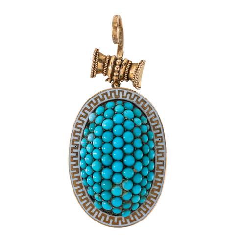 A VICTORIAN GOLD MOUNTED TURQUOISE AND WHITE ENAMELLED OVAL PENDANT LOCKET