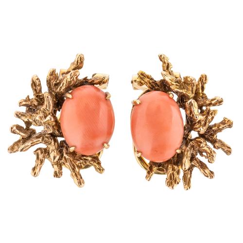A PAIR OF GOLD AND CORAL EARCLIPS