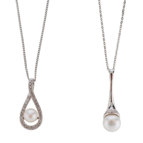TWO CULTURED PEARL AND CUBIC ZIRCONIA PENDANT NECKLACES (2)