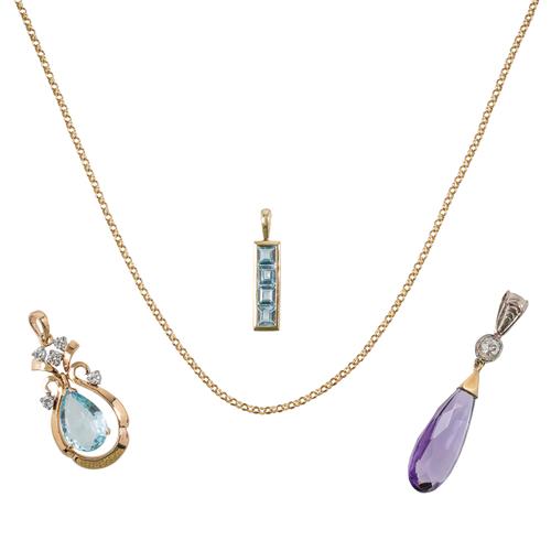 THREE GEMSET PENDANTS AND A CHAIN (4)