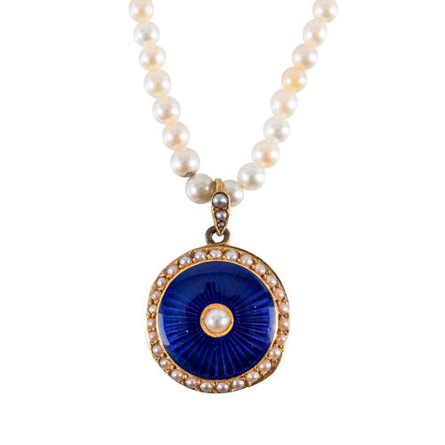 A PEARL AND ENAMEL LOCKET NECKLACE
