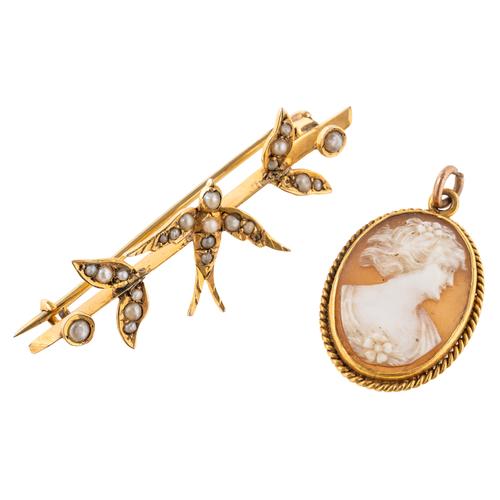 A SWALLOW BROOCH AND CAMEO PENDANT