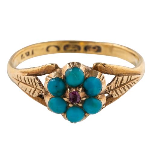A GOLD TURQUOISE AND RUBY FLOWERHEAD SHAPED CLUSTER RING