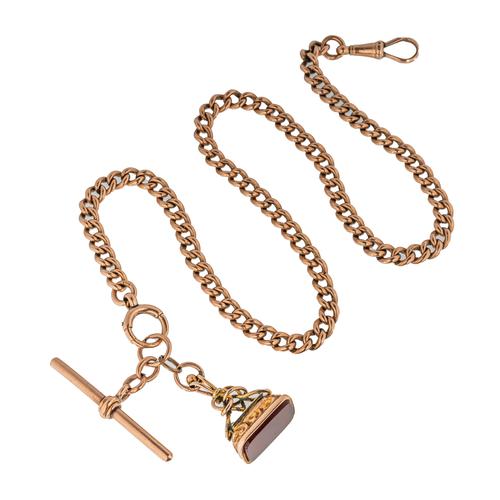 A GENTLEMAN'S 9CT GOLD CURB LINK WATCH ALBERT CHAIN