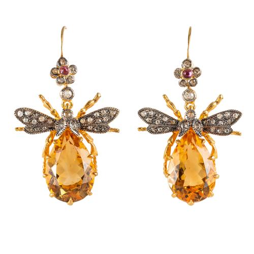 A PAIR OF CITRINE INSECT EARRINGS