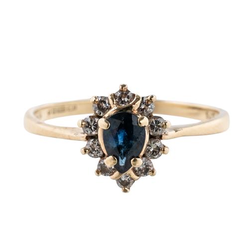 A 9CT GOLD, SAPPHIRE AND DIAMOND PEAR SHAPED CLUSTER RING