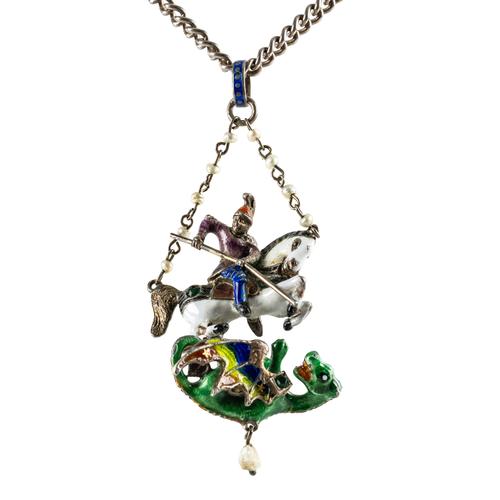 A SILVER, ENAMELLED AND GEM SET RENAISSANCE STYLE PENDANT, DESIGNED AS ST GEORGE SLAYING THE DRAGON (2)