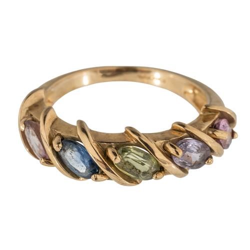 A 9CT GOLD AND VARICOLOURED GEMSTONE FIVE STONE RING