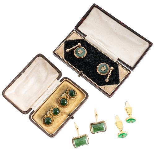 FOUR PAIRS OF GREEN HARDSTONE CUFFLINKS (8)