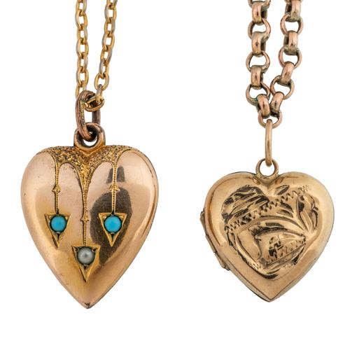 TWO HEART SHAPED PENDANTS, A GOLD NECKCHAIN AND A GILT METAL NECKCHAIN (4)