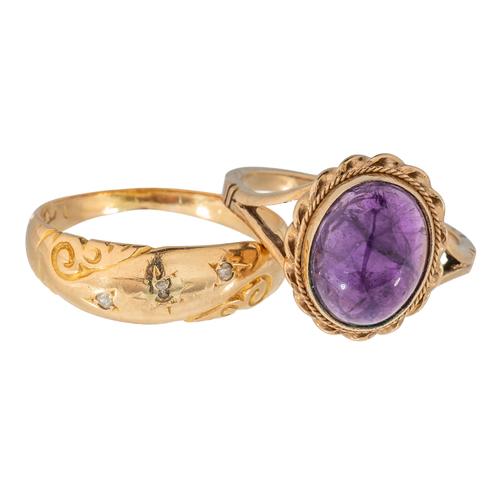 A 9CT GOLD AND CABOCHON AMETHYST RING AND A GOLD AND DIAMOND RING (2)