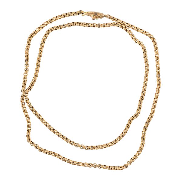 A VICTORIAN GILT METAL LONG GUARD CHAIN