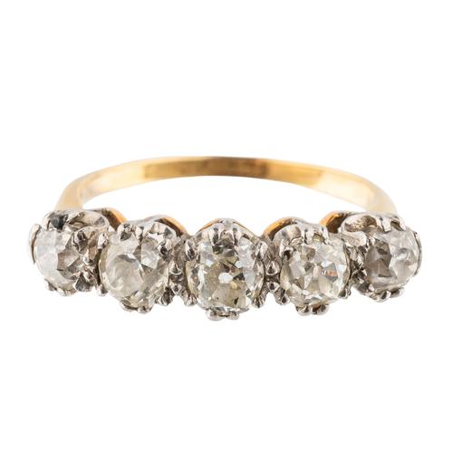 A GOLD AND PLATINUM, DIAMOND FIVE STONE RING, (2)