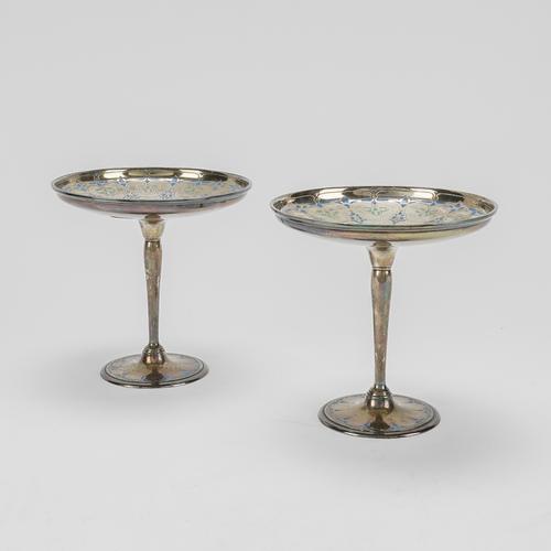 A PAIR OF TIFFANY AND CO STERLING SILVER AND ENAMELLED TAZZAE (2)