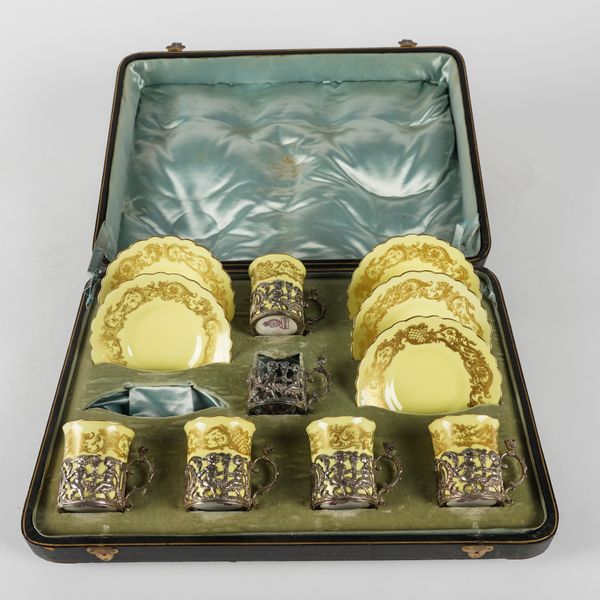 A LATE VICTORIAN SILVER MOUNTED WORCESTER PORCELIAN PART CABARET SET