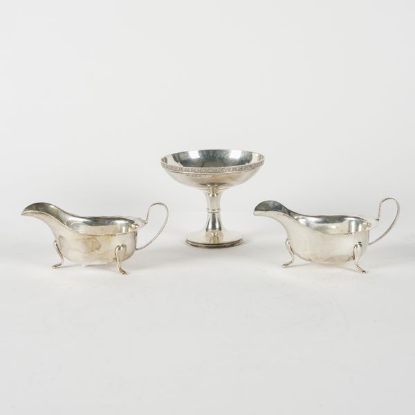 A MATCHED PAIR OF SILVER SAUCEBOATS AND A SILVER PEDESTAL BONBON DISH (3)