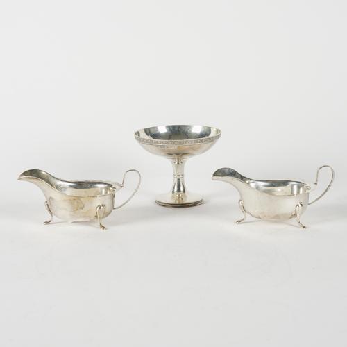 A MATCHED PAIR OF SILVER SAUCEBOATS AND A SILVER PEDESTAL BONBON DISH (3)