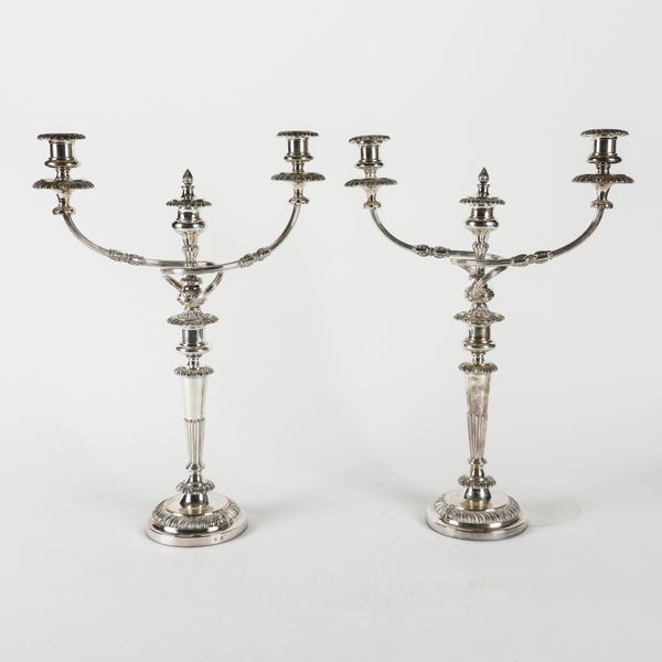 A PAIR OF MATTHEW BOULTON PLATED ON COPPER THREE LIGHT TABLE CANDELABRA