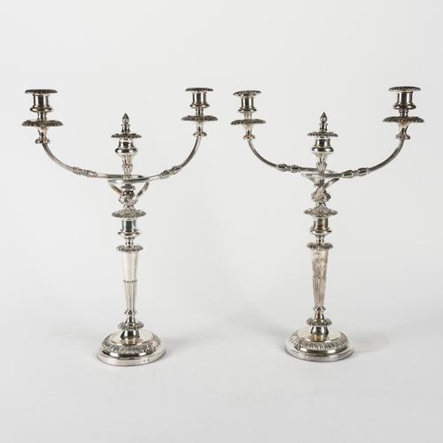 A PAIR OF MATTHEW BOULTON PLATED ON COPPER THREE LIGHT TABLE CANDELABRA