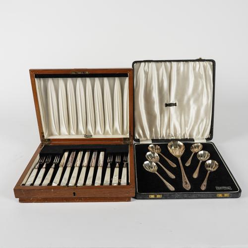 A SILVER FRUIT SET AND A  PLATED DESSERT SET