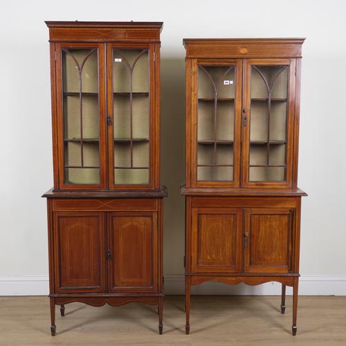 AN EDWARDIAN SATINWOOD INLAID MAHOGANY DISPLAY CABINET CUPBOARD (2)