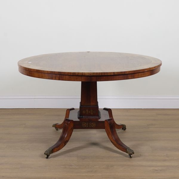 A REGENCY BRASS INLAID ROSEWOOD CIRCULAR SNAP TOP CENTRE TABLE