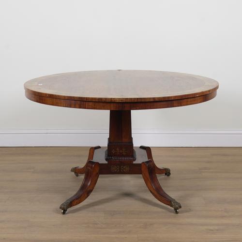 A REGENCY BRASS INLAID ROSEWOOD CIRCULAR SNAP TOP CENTRE TABLE