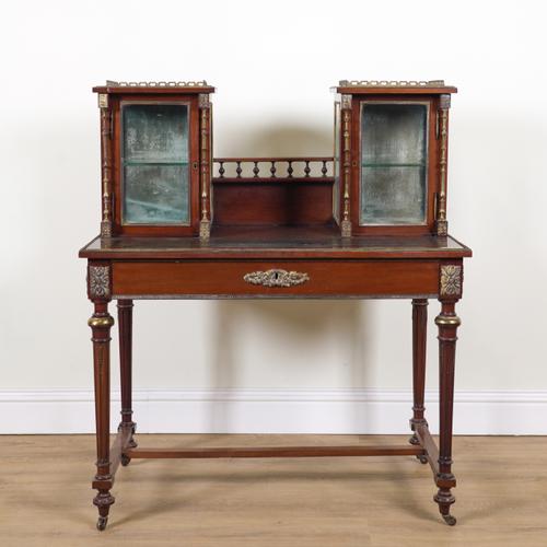 A 19TH CENTURY GILT METAL MOUNTED MAHOGANY SINGLE DRAWER WRITING TABLE