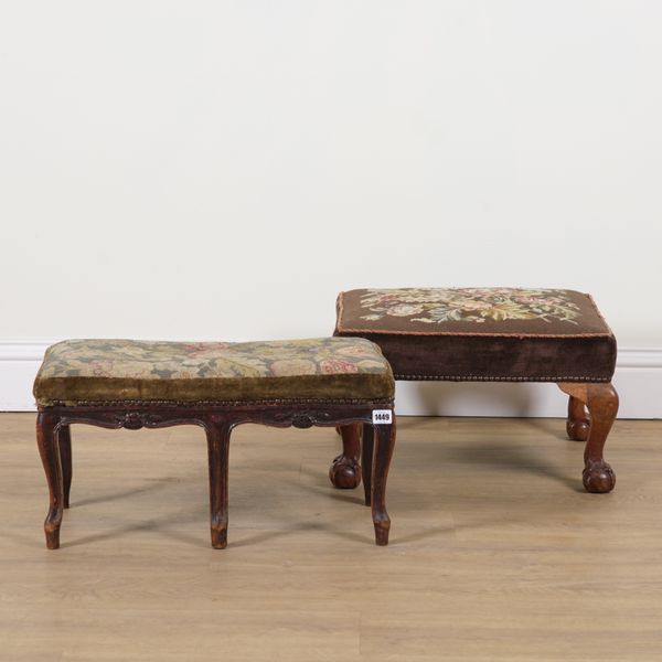 A 19TH CENTURY STAINED BEECH FRAMED RECTANGULAR FOOTSTOOL (2)