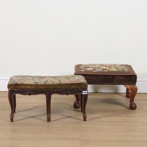 A 19TH CENTURY STAINED BEECH FRAMED RECTANGULAR FOOTSTOOL (2)