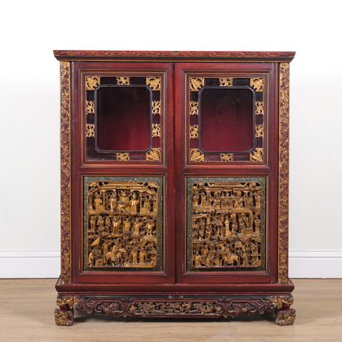 A CHINESE LACQUERED AND PARCEL GILT DECORATED GLAZED SIDE CUPBOARD