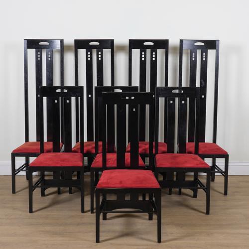 AFTER CHARLES RENE MACKINTOSH; A SET OF EIGHT EBONISED OAK DINING CHAIRS (8)