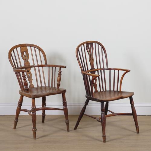 A 19TH CENTURY ELM AND YEW BACKED WINDSOR CHAIR (2)