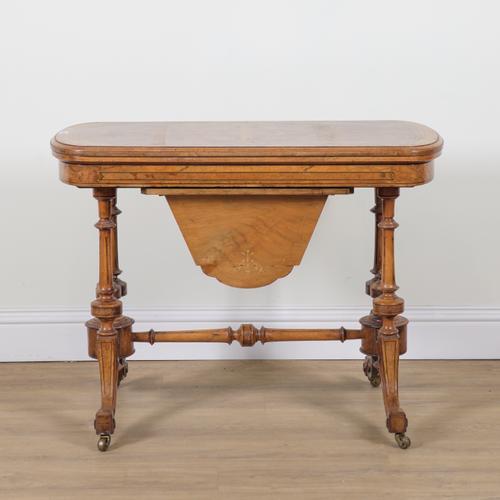 A VICTORIAN BURR WALNUT FOLD OVER CARD TABLE