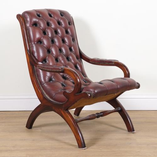 A REGENCY STYLE MAHOGANY BUTTONBACK LEATHER UPHOLSTERED SLIPPER CHAIR
