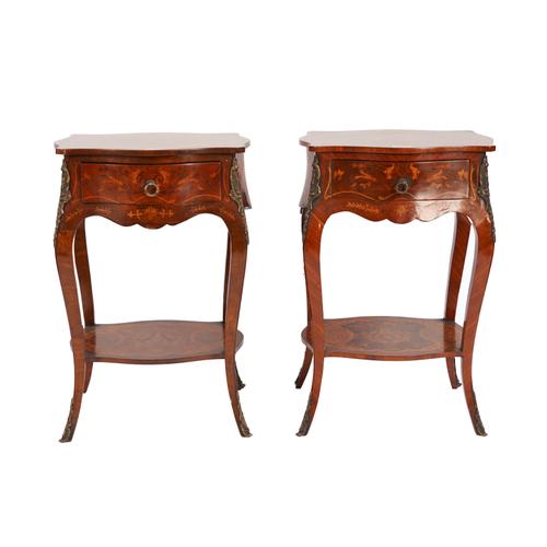 A PAIR OF MARQUETRY INLAID GILT METAL MOUNTED TWO TIER SINGLE DRAWER SIDE TABLES (2)